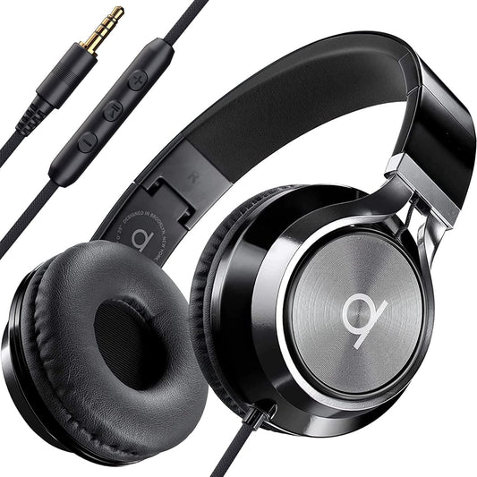 CL750 Wired Headphones with Mic & Volume Control — Noise Isolating On-Ear Headphones for Computer and Laptop Wired, Plug in Corded Headphone over Ear with Wire (Foldable, Aux Jack 3.5Mm)